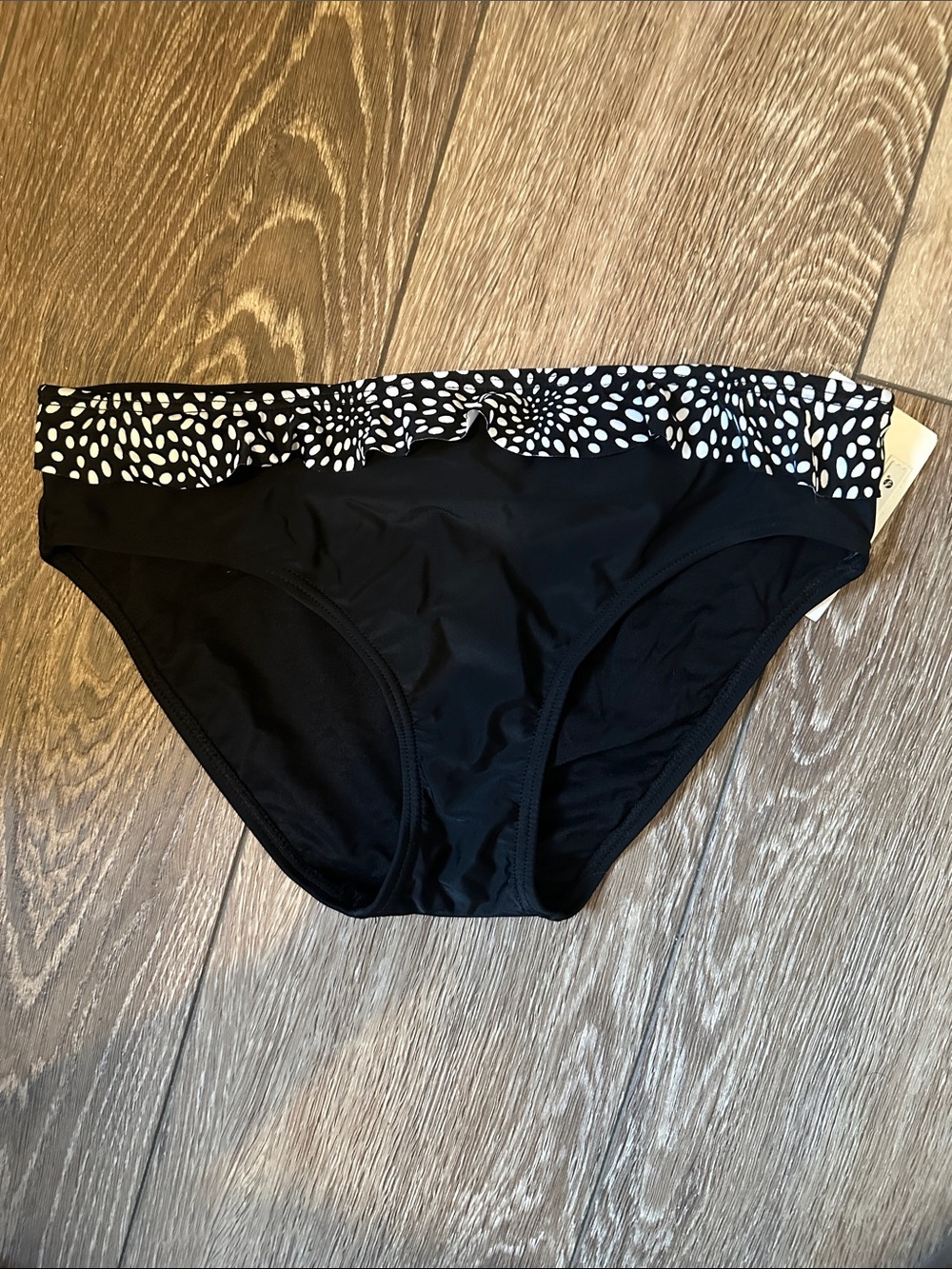 NEW Pure Alfred Sung Black Bikini Bottom with Ruffle Polka Dot Waistband 12